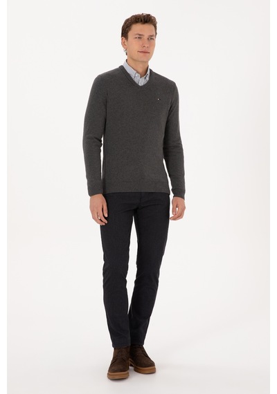 U.S. Polo Assn. Erkek Slim Fit V Yaka Antrasit Melanj Basic Kazak 50313668-VR081