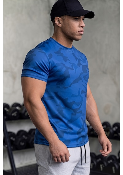 Serablanka Erkek Nem Emici Hızlı Kuruma Atletik Teknik Kamuflaj Desenli Spor T-shirt Mavi