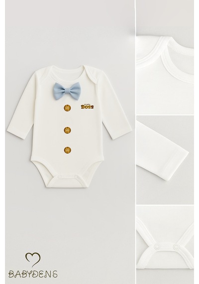 Babyden's Mini Boss Papyonlu Erkek Bebek Zıbın Uzun Kollu Yenidoğan Bebek Body Mavi Mavi