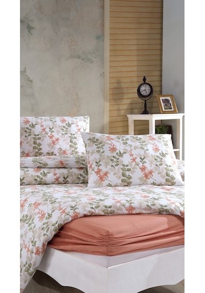 Elart Flores Pamuklu Çift Kişilik Nevresim Takımı 4 Parça 200 x 220 CM Pudra