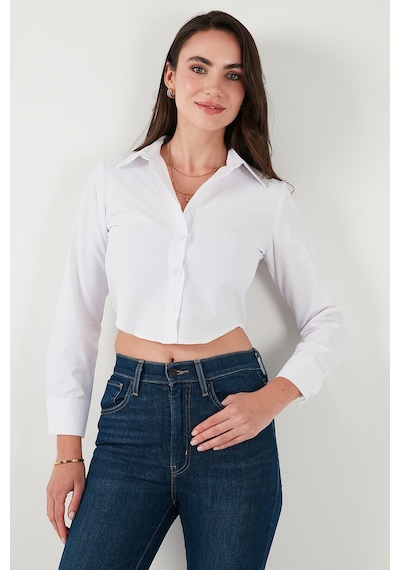 Lela Pamuk Karışımlı Slim Fit Uzun Kollu Crop Bayan Gömlek 6777336 Beyaz