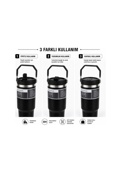 890 Ml Çelik Termos Bardak, 3 Şekilde Ağız Kullanımlı, Sızdırmaz Paslanmaz Çelik Pipetli Bardak Siyah