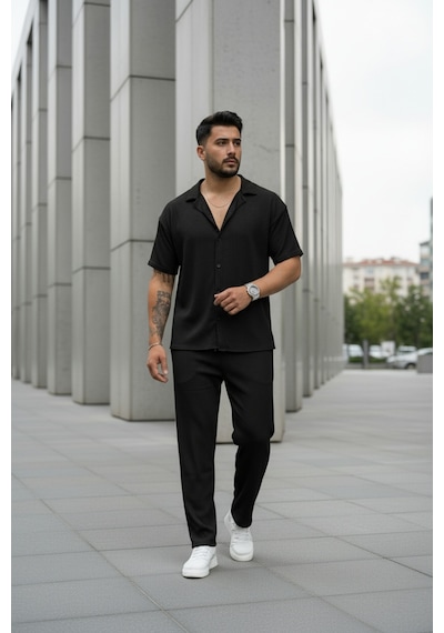 Fifty Color Unisex Trend Bürümcük Krinkıl Kumaş Yazlık Likralı Kısa Kol Gömlek Ve Eşofman Takım Siyah