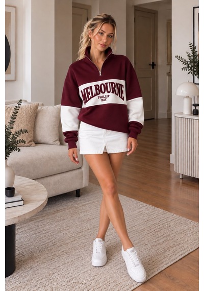 Lima Bordo Kadın Melbourne Baskılı Oversize Sweatshirt Yarım Fermuarlı Dik Yaka Uzun Kollu Sweat Lima Bordo Kadın Melbourne Baskılı Oversize Sweatshirt Yarım Fermuarlı Dik Yaka Uzun Kollu Sweat