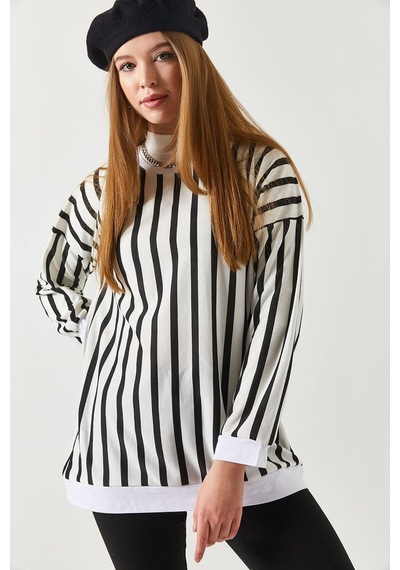Armonika Kadın Siyah Çizgili Yuvarlak Yaka Oversize Sweatshirt Arm-22y001191