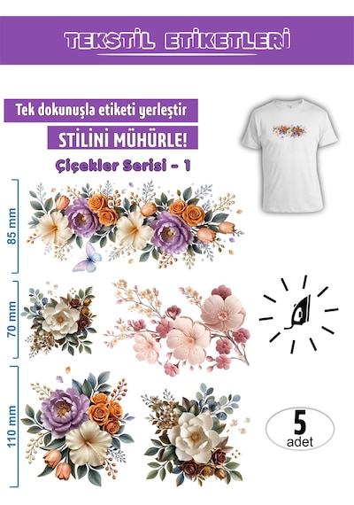 Ütü İle Yapışan Kıyafet Etiketi Çiçekler Serisi 5li Set Karışık