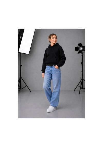 Herkesemoda Kadın Cepli Kapüşonlu 2 İplik Şardonlu Crop Boy Oversize Sweatshirt Siyah