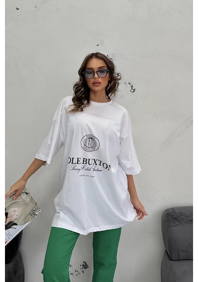 WeShaya Kadın Beyaz Yeşil Baskılı Lycra Oversize İkili Takım Beyaz
