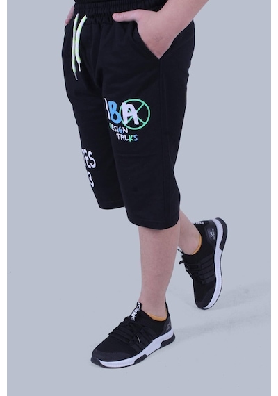 Fyk Kids Iba Yazı Baskılı Çift Cep Detaylı Erkek Çocuk Siyah Kapri Şort Siyah