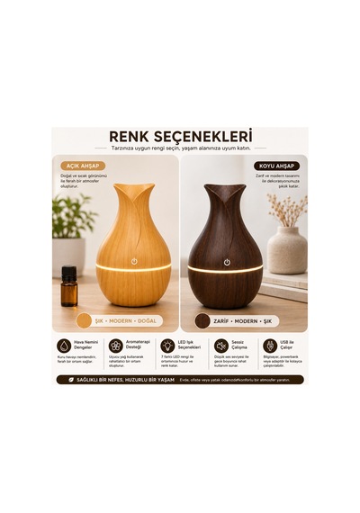 Ahşap Görünümlü Vazo Şeklinde Ultrasonik Hava Nemlendirici Renk Değiştiren Led Işıklı Aroma Difüzör Kahverengi