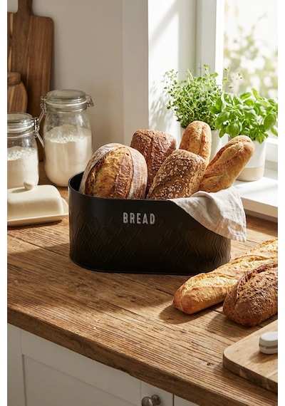Makri Home Ekmeklik, Metal Ekmek Kutusu, Bambu Kapaklı Siyah Ekmek Sepeti, 34 X 19 X 16 Cm Siyah