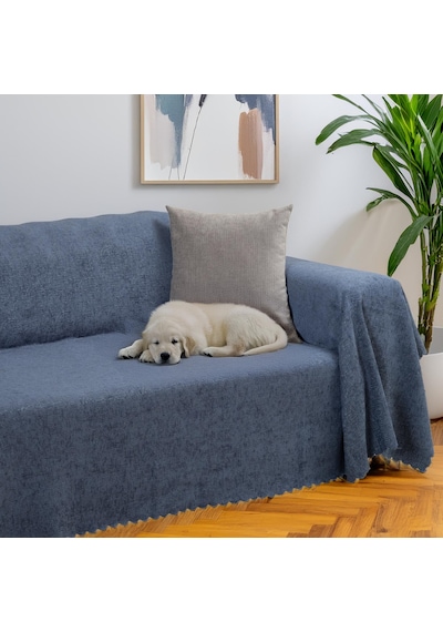 Jakarlı Şönil Koltuk Örtüsü Kanepe Örtüsü Koltuk Şalı 175x300 Kaymaz Gece Mavisi Mavi