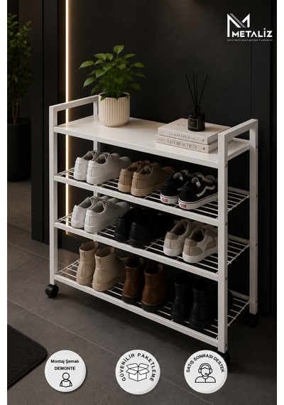 Loft 4 Katlı Siyah Tekerlekli Metal Ayakkabılık, Ahşap Mdf Tablalı, Çok Amaçlı Ayakkabı Düzenleyici, 77x30x70 Cm Beyaz Loft 4 Katlı Siyah Tekerlekli Metal Ayakkabılık, Ahşap Mdf Tablalı, Çok Amaçlı Ayakkabı Düzenleyici, 77x30x70 Cm Beyaz