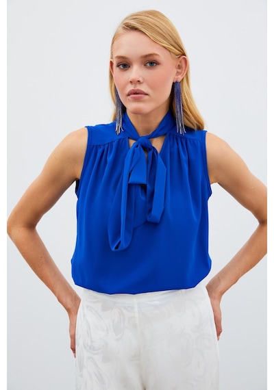 Sateen Fularlı Kolsuz Bluz - Saks Mavisi Sateen Fularlı Kolsuz Bluz - Saks Mavisi
