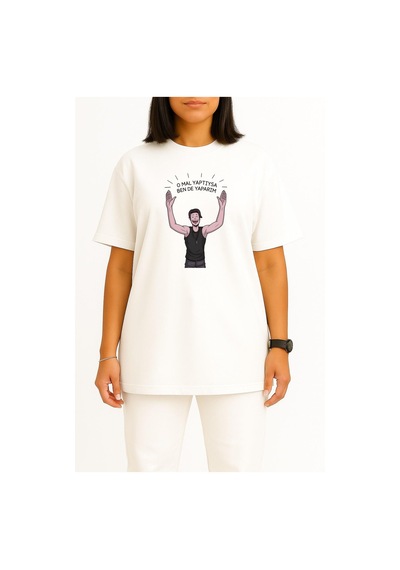Bahriyeli Collection Oversize O Mal Yaptıysa Bende Yaparım Motivasyon Göğüs Tasarımlı Unisex T-shirt Beyaz