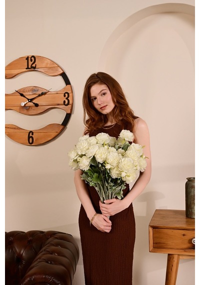 Beyaz Yapay Ranunculus Şakayık Çiçeği 3 Dallı Lüx İpeksi Dokulu 50 Cm