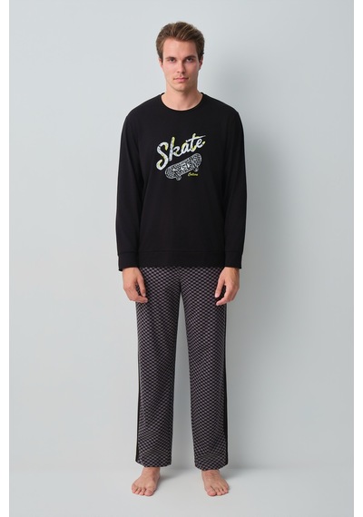 Suwen Skate Erkek Pamuklu Pijama Takımı Msh10510336893 Koyu Gri Baskılı