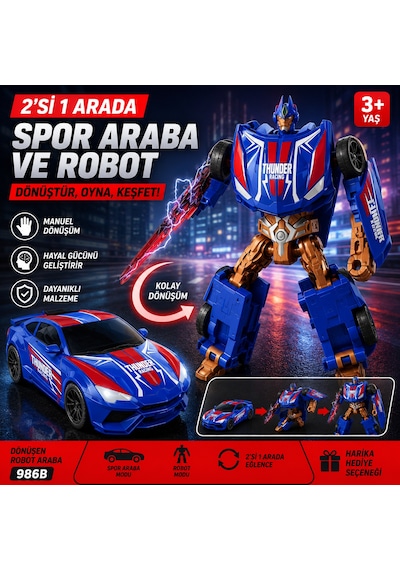 Dönüşen Robot Araba 2'si 1 Arada Spor Araba Ve Robot Oyuncak Manuel Dönüşüm - Mavi