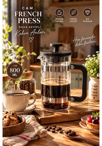 Smartpan Bv008 French Press Paslanmaz Çelik Süzgeçli Cam Bitki Çayı Demliği Kahve Presi - 800 Ml Siyah Diğer