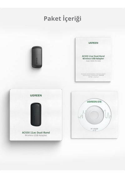 Ugreen 20204 Ac650 2.4 Ve 5Ghz Dual Band Usb Wi-Fi Ağ Adaptörü. S