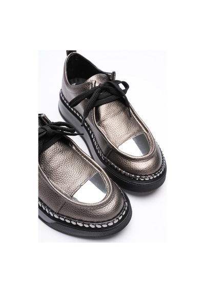 Mubiano Kadın Deri Sneaker Spor Ayakkabı Platin Detaylı Bağcıklı Platin Vina Platin