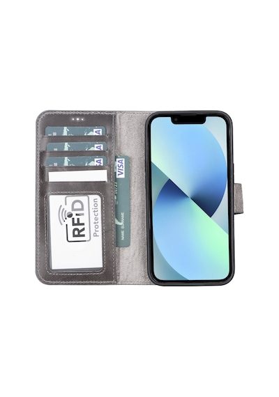 Apple Uyumlu iPhone  13 Deri Cüzdanlı Kılıf MWWN TN1 Gri