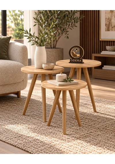 Odera Ceviz Torna Ayaklı Orta Sehpa Ve Yuvarlak Zigon Sehpa 4'lü Set İskandinav Modern Salon Sehpası Diğer