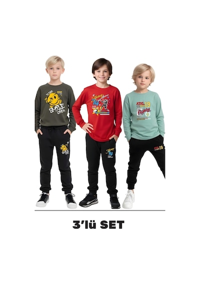 Fyk Kids 3'lü Erkek Çocuk Baskılı Yuvarlak Yaka Alt-üst Pijama Takımı Haki Yeşil