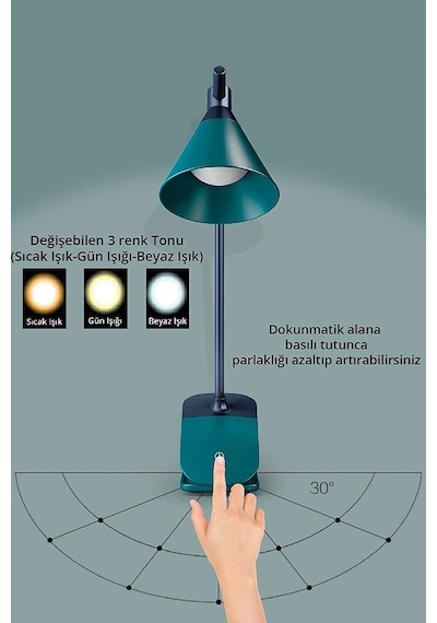 Şarjlı Dokunmatik Led Çalışma Işığı Gece Masa Lambası 3 Tonlu Kademeli Aydınlık Yeşil Ys-580 Yeşil