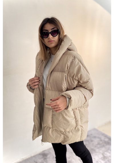 Nombre D'or1 Kadın Bej Kapüşonlu Oversize Şişme Mont Bej Bej