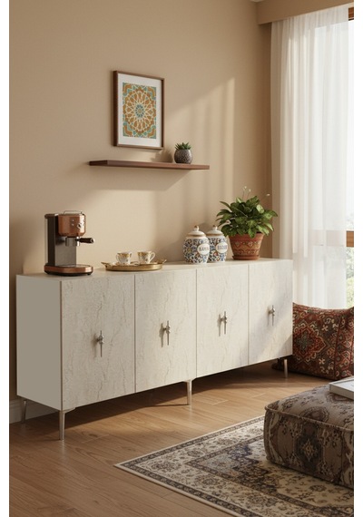Ka1812bts Salkım Konsol ,tv Sehpası Beyaz-traverten-silver 180cm