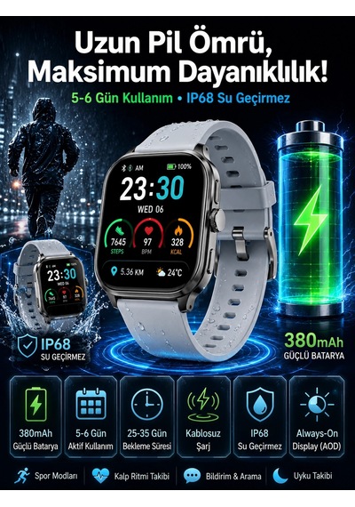 Akıllı Saat Sesli Görüşme Bluetooth Bağlantılı Kablosuz Şarj Özelliği Yeni Nesil