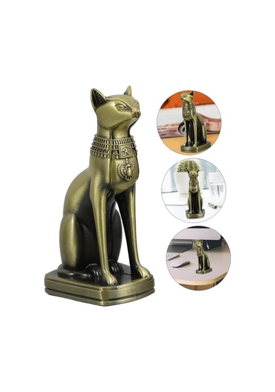 Antik Mısır Kedi Heykeli Bastet Metal Dekoratif Hediyelik Biblo 8x15cm