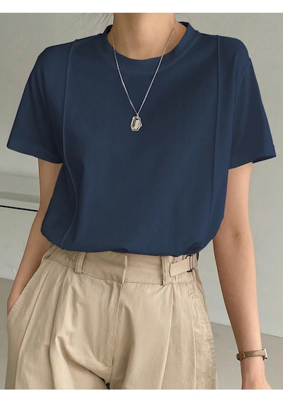 Kadın Kısa Kollu Çizgi Detaylı Basic Tişört Süprem Kumaş Yazlık Rahat T-shirt Lacivert