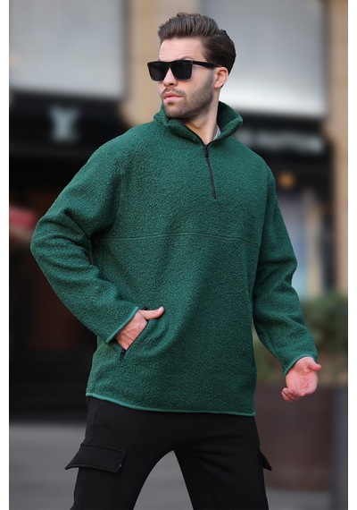 Madmext Yeşil Dik Yaka Yarım Fermuarlı Buklet Sweatshirt 7084 Yeşil