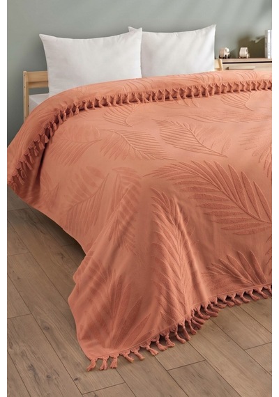 Çift Kişilik Saçaklı Havlu Yatak Örtüsü - %100 Pamuk & Yumuşak & Saçaklı Pike - 200x220 Cm-kiremit Kıremıt