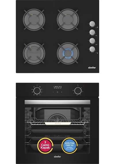 Simfer 10 Fonksiyon Airfry Siyah Dijital 2'li Ankastre Set (8215 Fırın + 3500 Ocak)