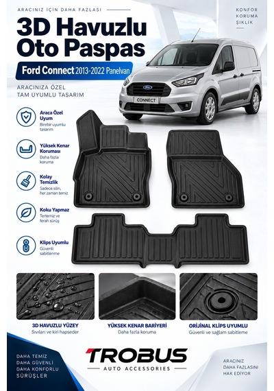 Ford Connect Panelvan 2022 Karbon Desenli Premium 3d Havuzlu Oto Paspas 2 Parça Ön Takım