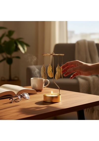 Gold Döner Yaprak Temalı Tealight Mumluk Dekoratif Masa Üstü Aksesuar Gold