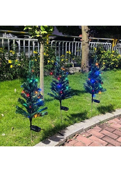 3 Lü Solar Renkli Ledli Çam Ağacı - Güneş Enerjili Led - Çam Ağacı Bahçe Aydınlatması Çok Renkli