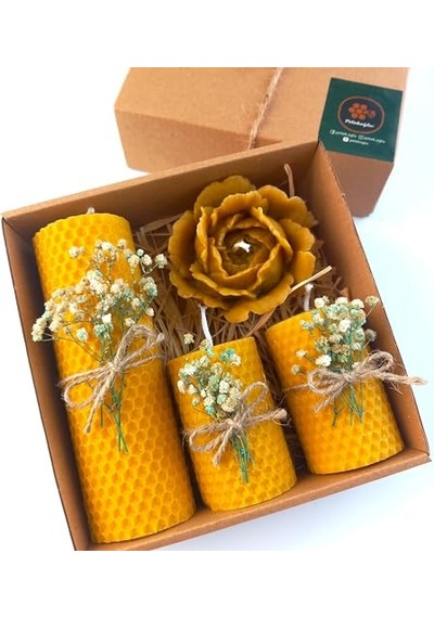 Balmumu Mum Dekoratif Hediye Kutusu 4 Lü Set Doğal Petek Beeswax Candle Açmış Gül Yeşil Krem Süslemeli Açmış Genel