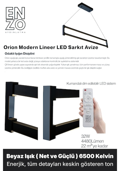 Orion Füme Lineer Led Sarkıt Avize Kumandalı Dim Edilebilir Aşağı Işık Beyaz Işık