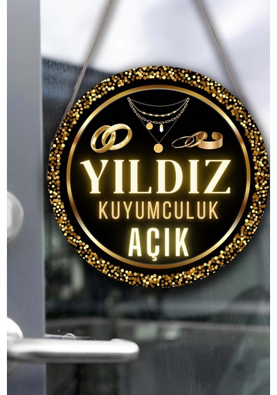 Kuyumcu Dükkanı Kişiye Özel Açık Kapalı Kapı Süsü, İsme Özel Altın & Pırlanta Dükkanı Tabelası