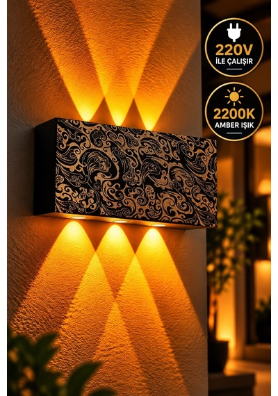 Siyah Gold Desenli 12w 2200k Amber Işıklı 3 Gözlü Yukarı Aşağı Dekoratif Duvar Apliği 16 Cm Amber Işık