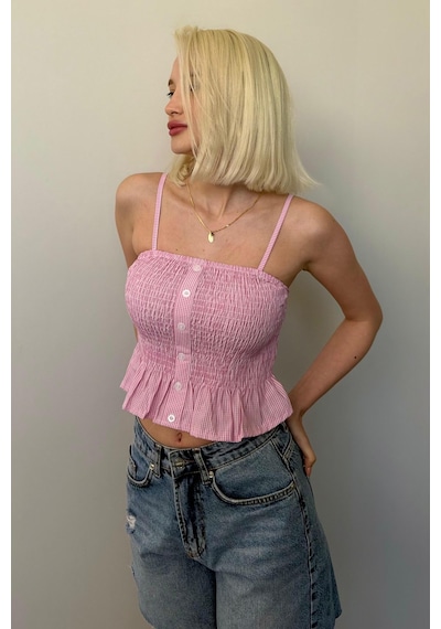 Madmext Pembe Ayarlanabilir Askı Pötikareli Crop Mg2371 Pembe