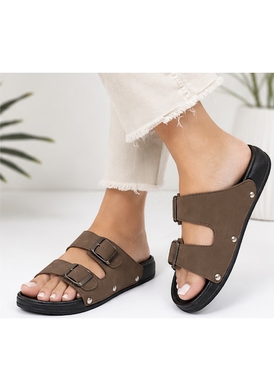 N Napa Shoe Pld.2002.z.kadın Çift Tokalı Günlük Comfort Terlik Kahverengi