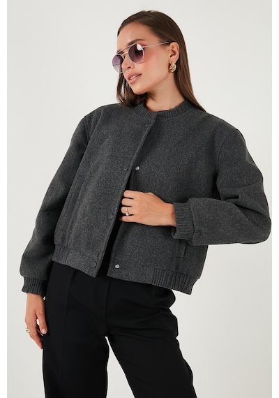 Lela Loose Fit Sıfır Yaka Çıtçıtlı Kaşe Kısa Bayan Mont 6810178 Antrasit