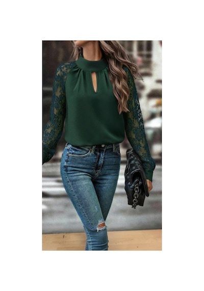 Butik İstanbul Kadın Uzun Kollu Göğüs Pencere Detay Yaka Boğazlı Kolları Tüllü Sandy Bluz Yeşil