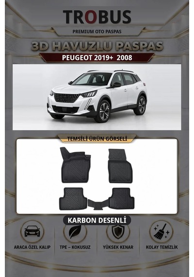 Peugeot 2008 2019+ Araca Özel Karbon Desenli 3d Paspas Bagaj Havuzu Set Alt Bagaj Siyah