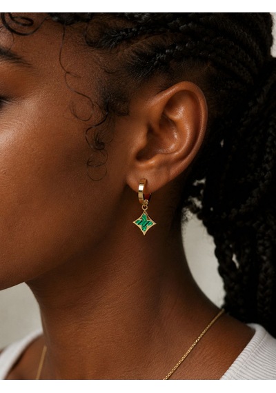 Malakit Yeşil Taşlı Yıldız Charm Gold Kaplama Çelik Halka Küpe Altın-yeşil